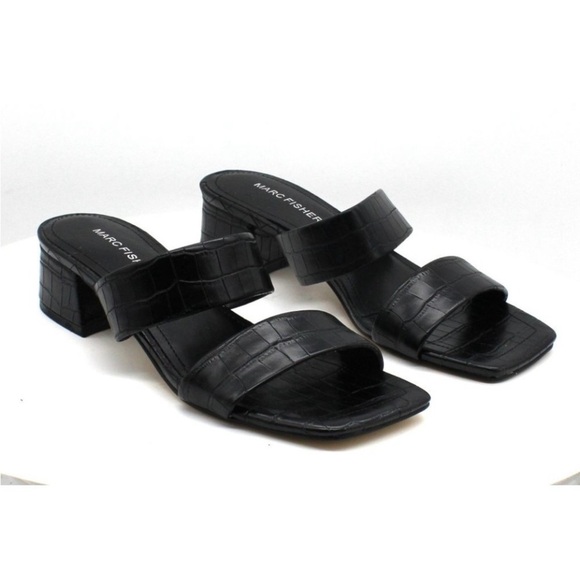 Marc Fisher Black Croc-Embossed Yori Block Heel Sandals, Size 8 - Picture 1 of 6